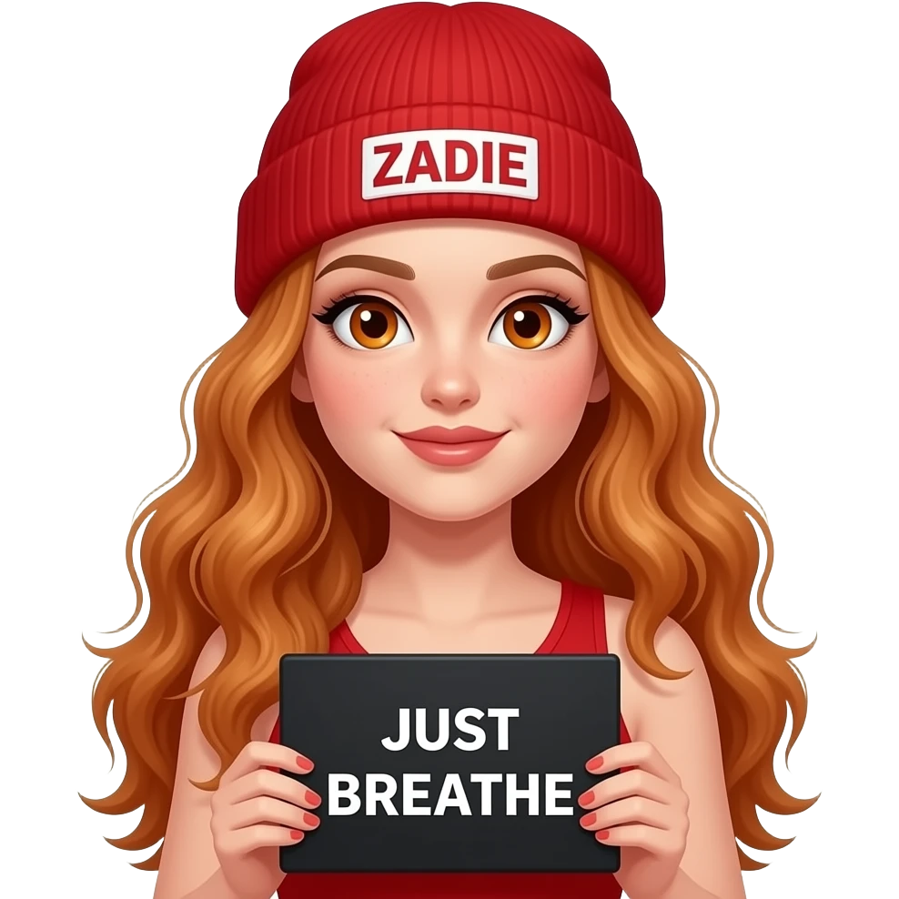 sexy girl with overlong wavy ginger hair and ginger eyes wearing a red tanktop and a red beanie with ZADIE written on it, is holding a black sign with JUST BREATHE written on it emoji