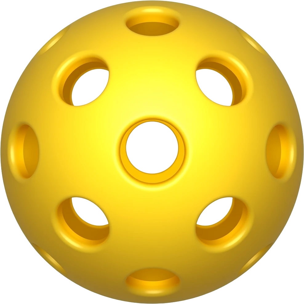 yellow pickleball with 20 holes lighted in direction from the camera and rotated to center its hole into the camera emoji