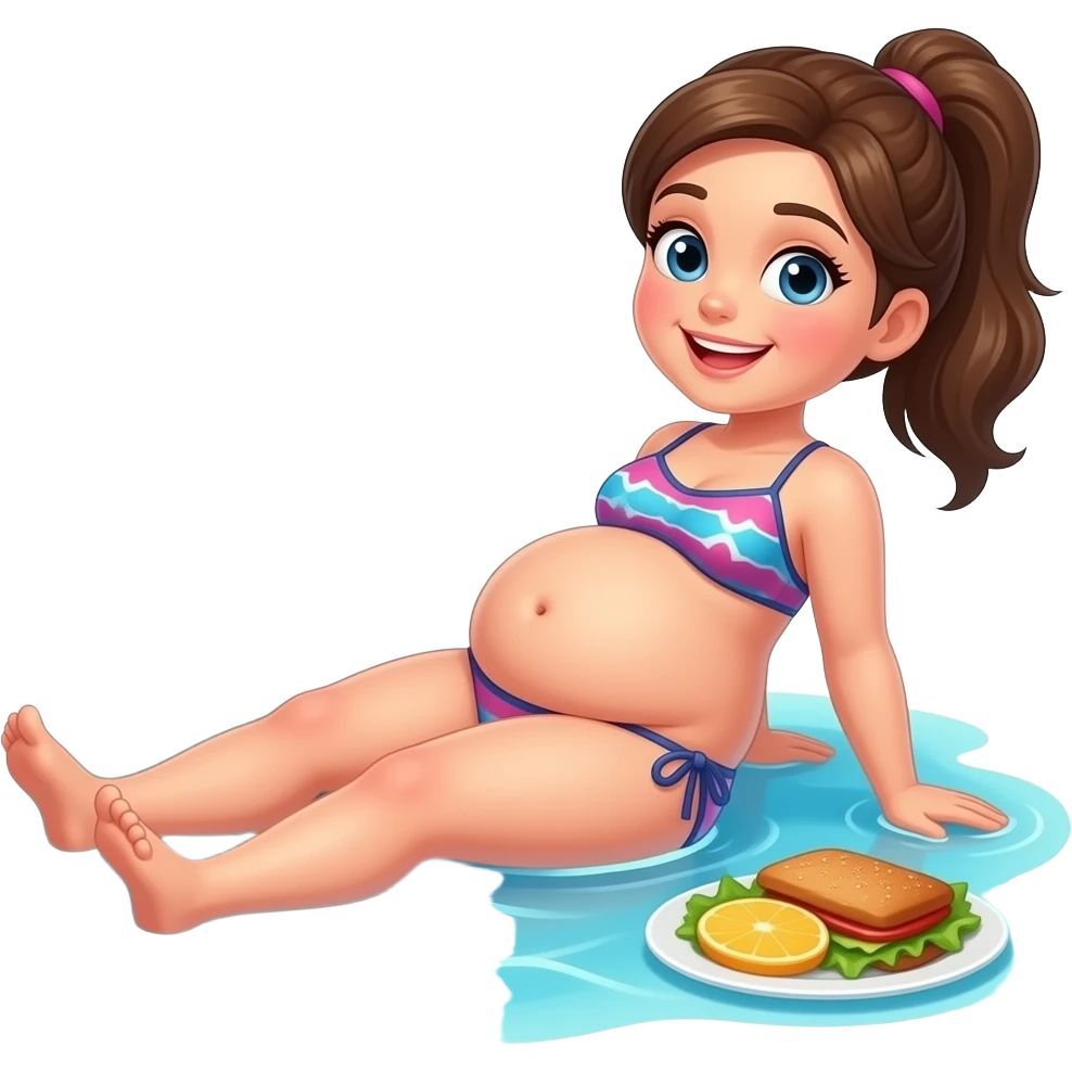 A girl enjoys beach holiday in her swimmers,but she is so full from a lunch break that she is about to burst,Then her fat Tummy rolls & drops out,she will just lay on her back in the shallow cool water,her gluttonous belly promotes a good resort business. emoji