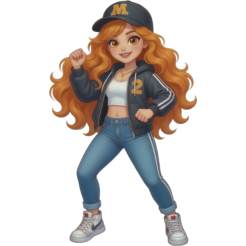 sexy girl with long wavy ginger hair and ginger eyes is wearing a hip hop outfit and is dancing, the full body is to seen emoji