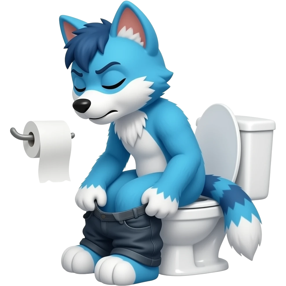 blue fursuit sitting on toilet, side view , pants down, pushing, eyes closed, straining face, toilet paper emoji