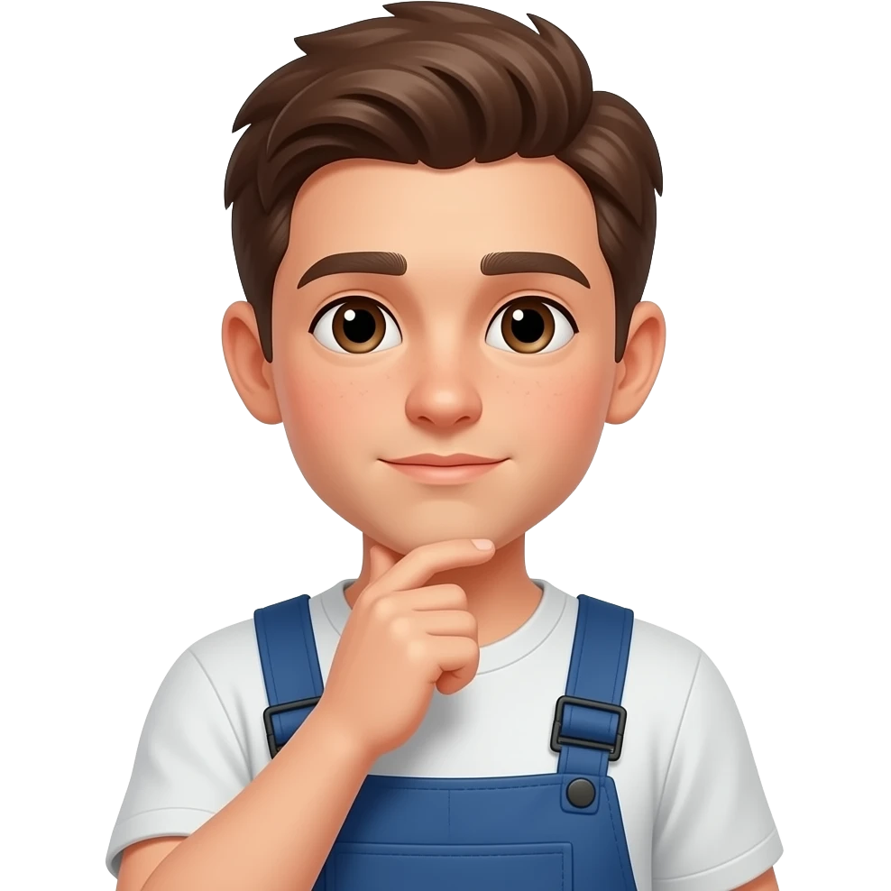 Young apprentice in work uniform/overalls, thoughtful expression emoji