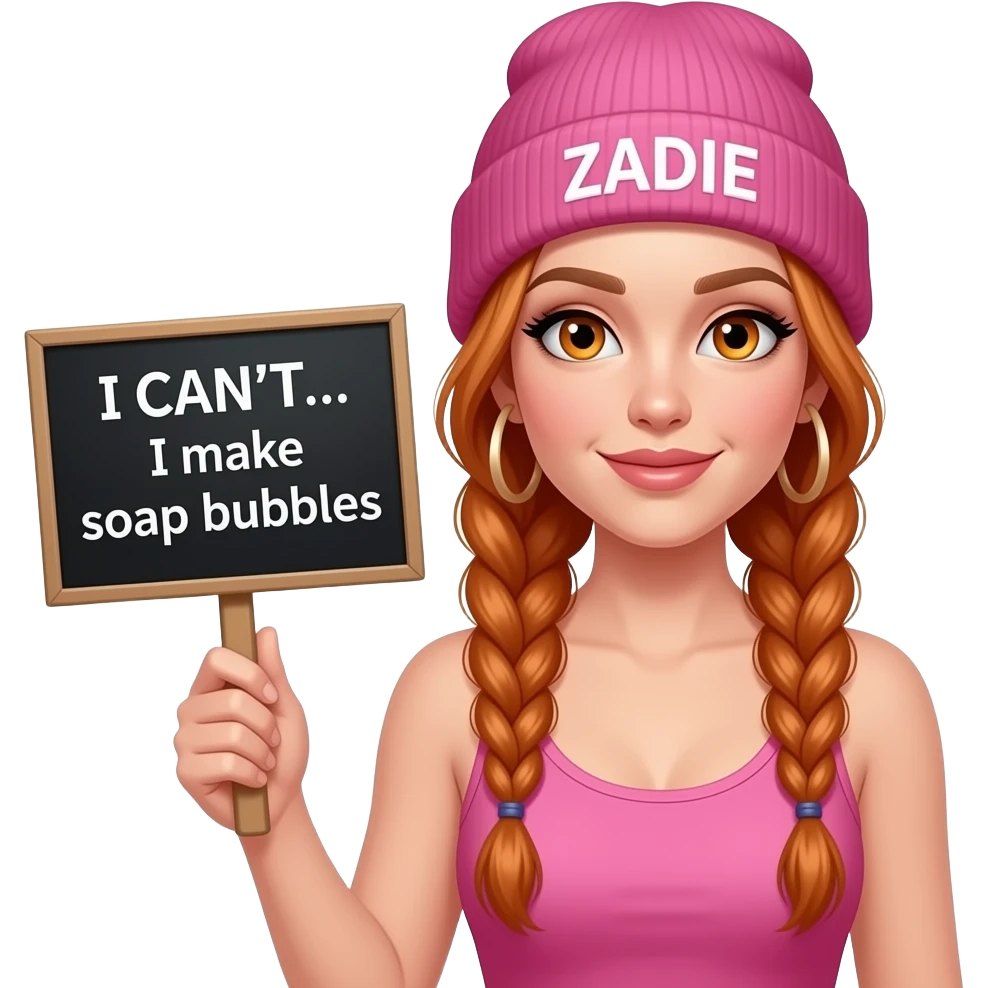 sexy girl with overlong ginger braids and ginger eyes wearing a pink tanktop and a pink beanie with ZADIE written on it, is holding a black sign with ICH KANN NICHT... ich mache SEIFENBLASEN written on it emoji