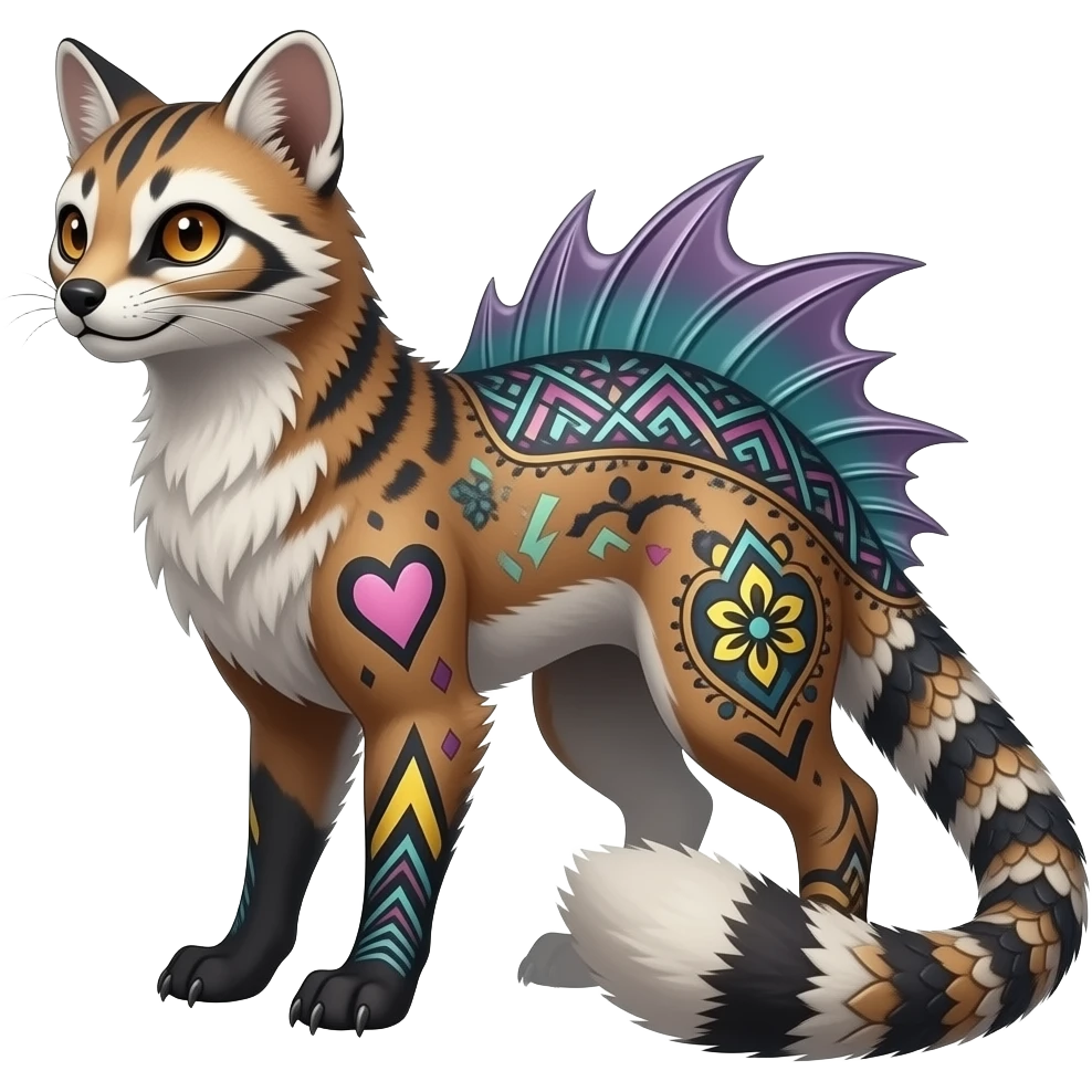 scaly fuzzy spiky finned frilled spunky gothic Realistic tall slim unique original shiny edgy cool steampunk-cyberpunk-solarpunk-fantasy-Civet-Absol-Sprigatito-Vaporeon-Fakémon-hybrid with tribal chevron heart floral lightning bolt strikes damask paisley markings emoji