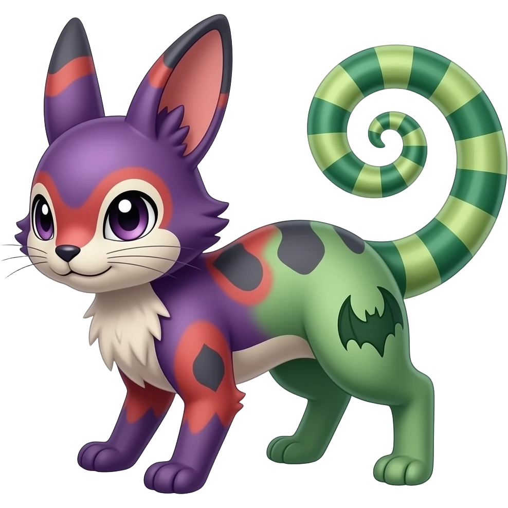 Purplish reddish greenish Furret-Amaura-Shaymin-Rattata-Aurorus-Vaporeon-Litten-Cat-Rabbit-Bat-Fakémon-hybrid with a chameleon tail emoji