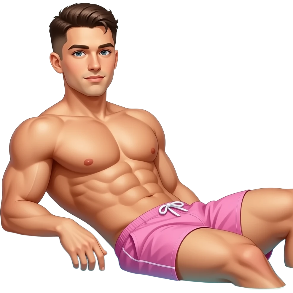 black 22 year old man with a brown low taper fade sitting at the pool laying back tanning with abs, giant muscles, and pink swimtrunks emoji