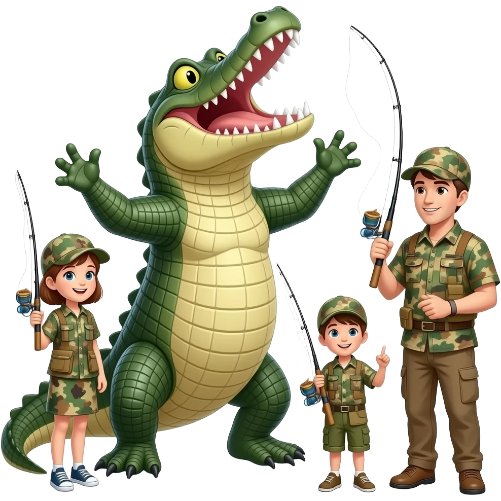 Aligator attacks fishing camo family emoji
