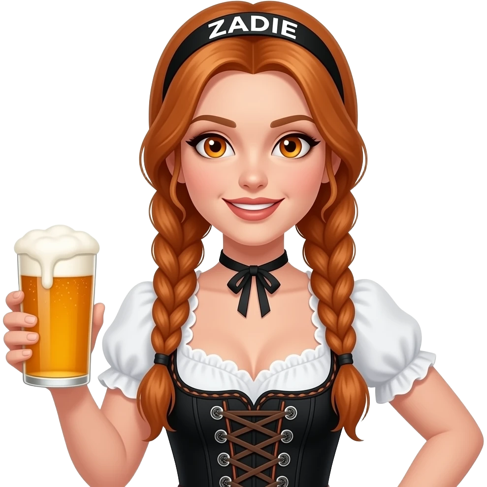 sexy girl with overlong ginger braids and ginger eyes wearing a black dirndl and a black headband with ZADIE written on it, is holding a mass beer emoji