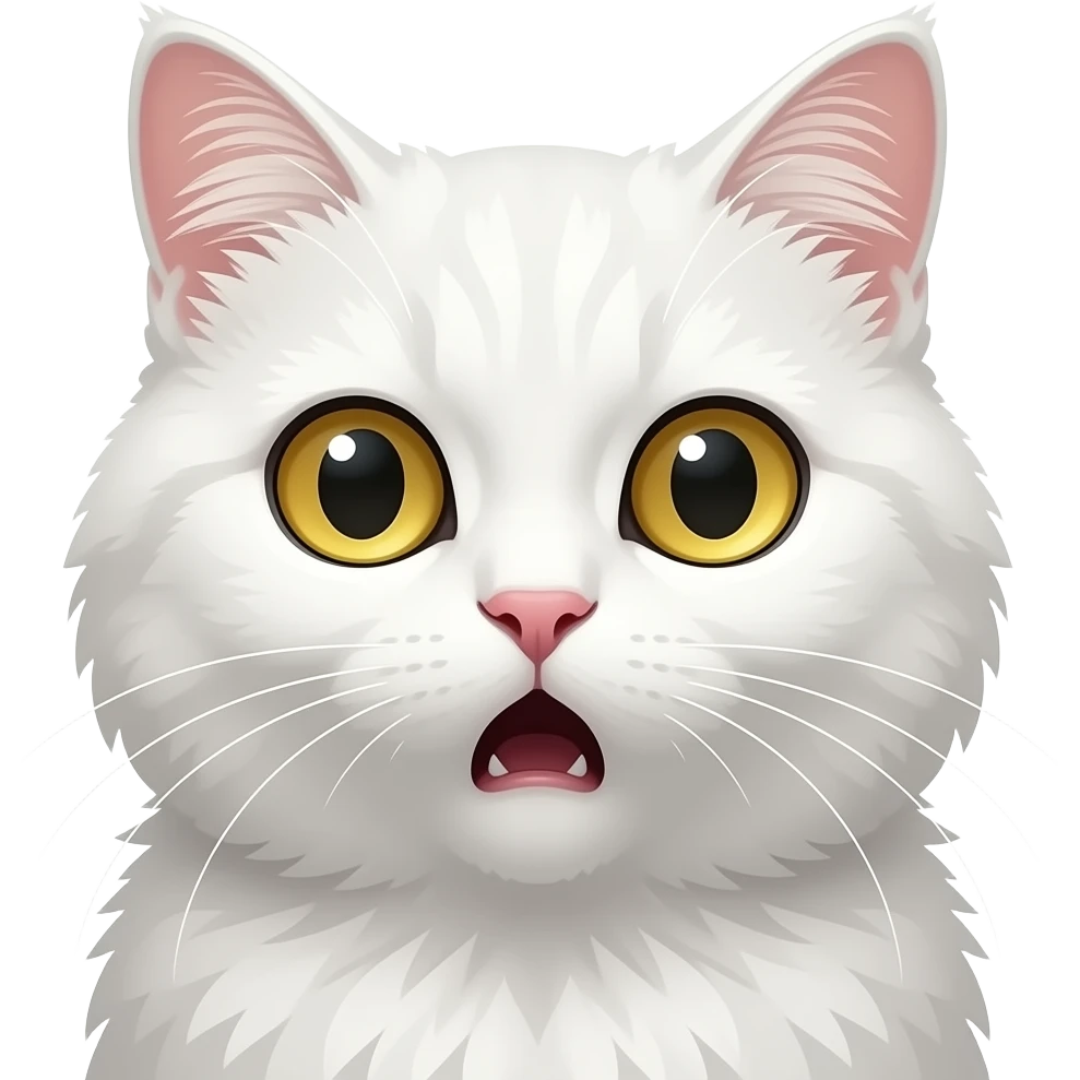 cute white cat with golden eyes, fluffy fur, polished chibi style, discord emote, twitch emote, transparent background, thick clean outline, soft shading, expressive face, high contrast, shocked, face emoji