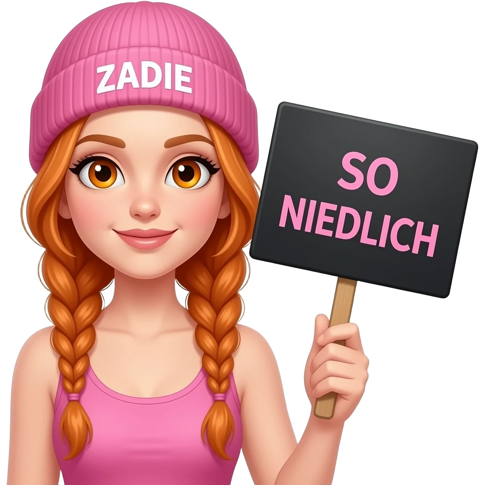 sexy girl with overlong ginger braids and ginger eyes wearing a pink tanktop and a pink beanie with ZADIE written on it, is holding a black sign with SO NIEDLICH written on it emoji