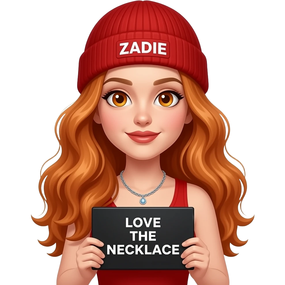 sexy girl with overlong wavy ginger hair and ginger eyes wearing a red tanktop and a red beanie with ZADIE written on it, is holding a black sign with LOVE the NECKLACE written on it emoji