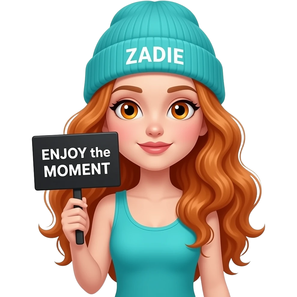 sexy girl with overlong wavy ginger hair and ginger eyes wearing a turquoise tanktop and a turquoise beanie with ZADIE written on it, is holding a black sign with ENJOY the MOMENT written on it emoji