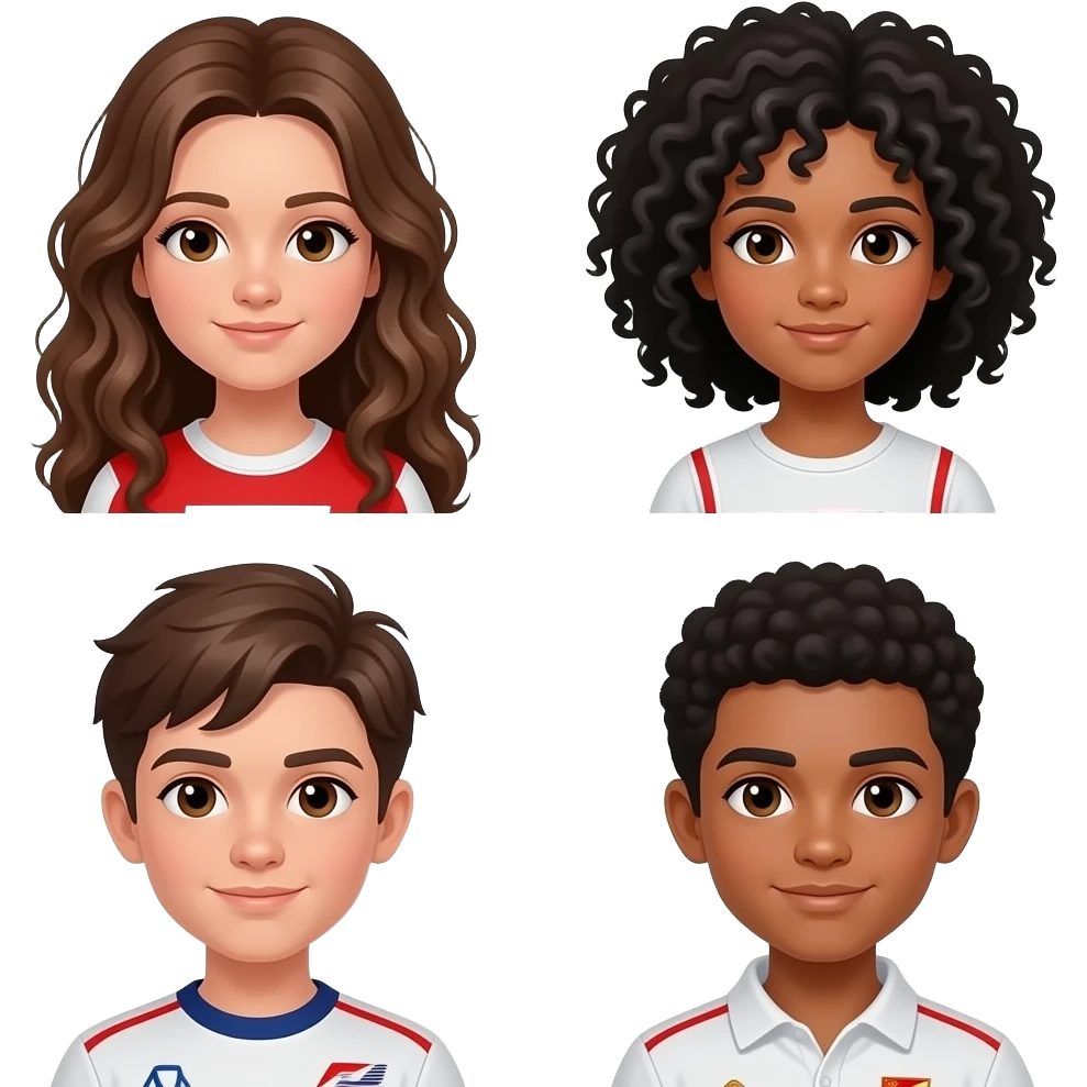 Creame una imagen donde se véan a una chica con el pelo largo rizado marron con los ojos marro es, otra chica con el pelo rizado negro con ojos marrones, dos chico con el pelo marrón y ojos marrones viendo la Fórmula 1 emoji