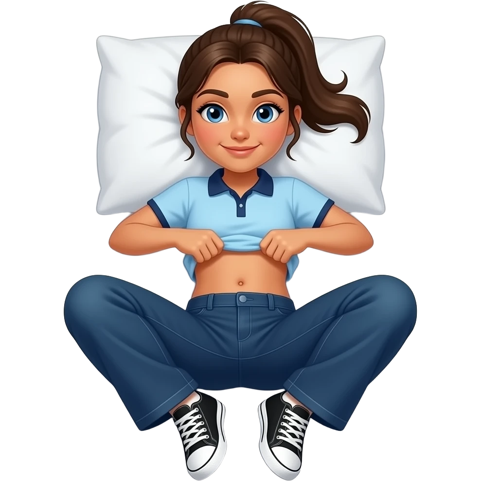 Hispanic girl with brown ponytail and blue eyes light blue dark blue lined polo and dark blue baggy jeans and belly button and black and white sneakers laying down on the pillow in bed lifting her shirt funny belly trick emoji