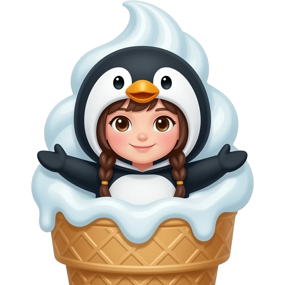 Criar imagem de uma criança menina fantasiada de pinguim  dentro de uma casquinha de sorvete emoji