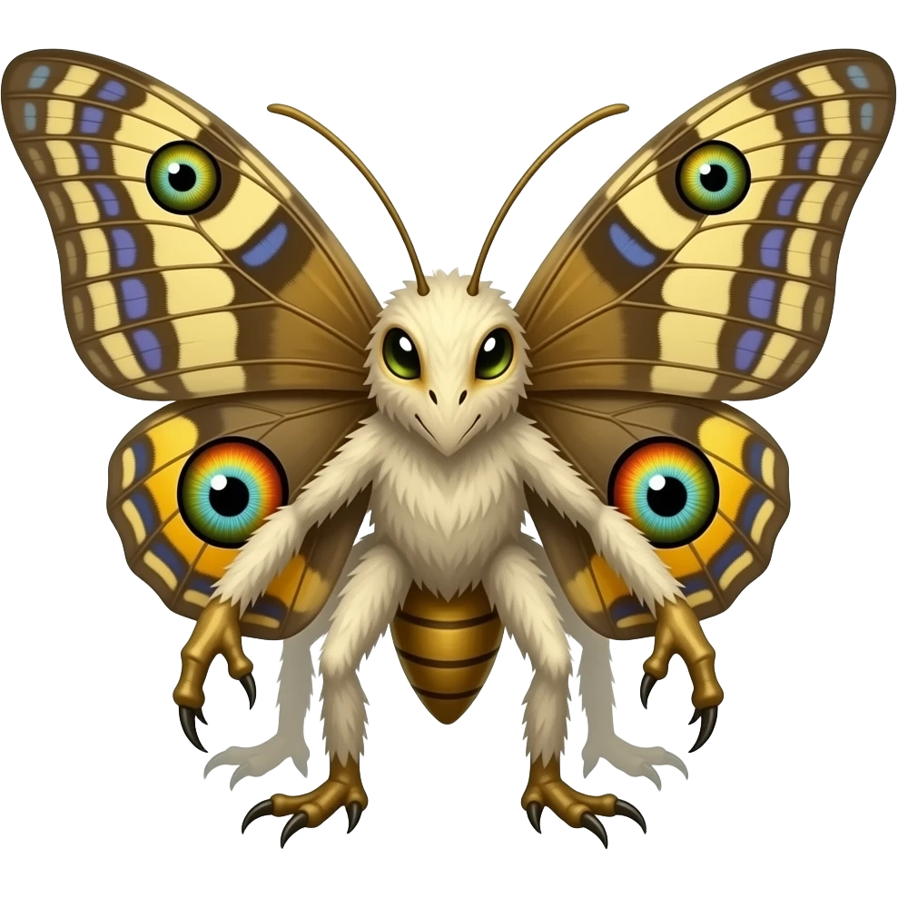 a colossal divine moth-like creature, 6 short claw-like legs, Massive moth wings with colorful eye patterns, Fuzzy white or golden body, Long antennae, glowing bioluminescence, emoji