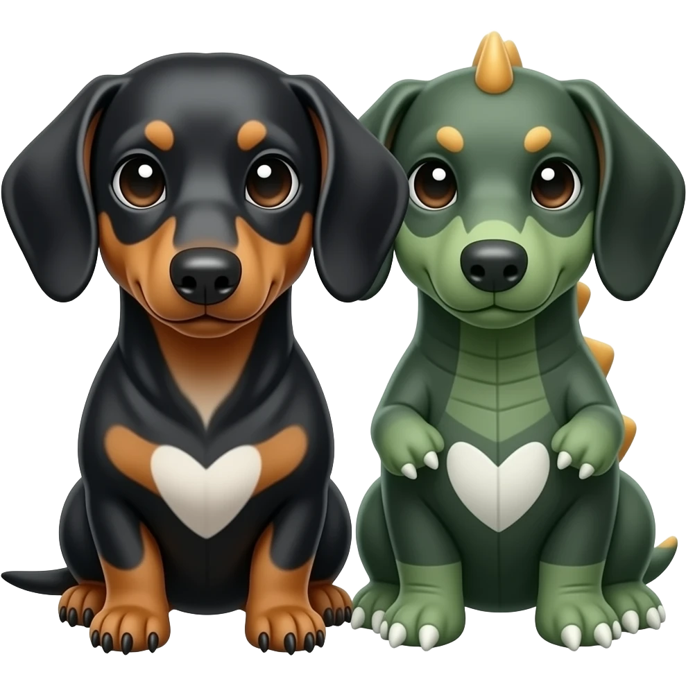 perro salchicha negro con una manchita blanca eñ el pecho sentado con un dinosaurio estegosaurios verde de peluche a su lado emoji