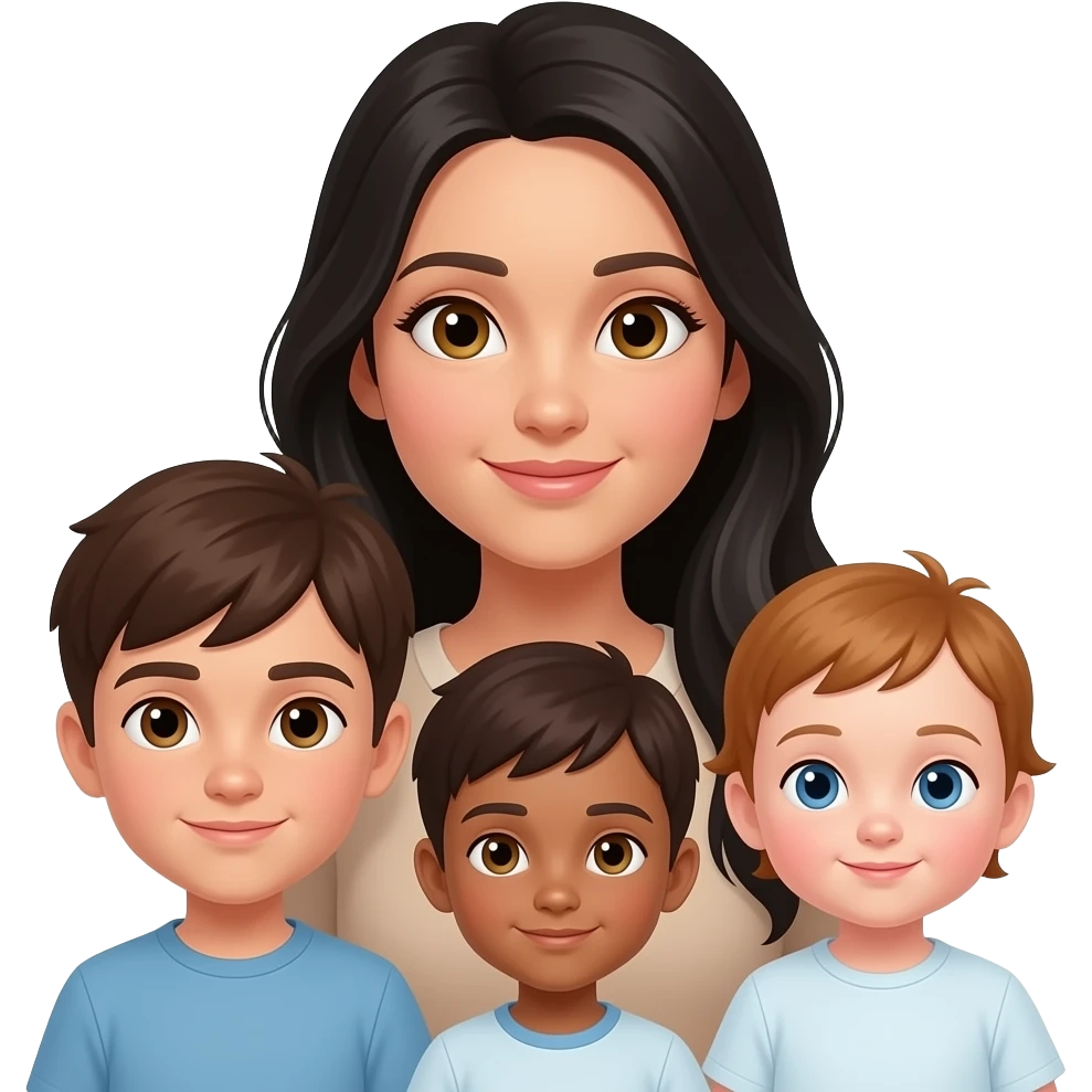 Mom with 3 kids, light medium skin toned, long black hair mom, light skinned teen boy with hazel eyes and dark brown hair, medium skin toned boy with medium brown eyes, and fair skin babygirl with blue eyes and auburn hair emoji