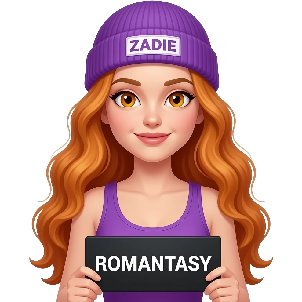 sexy girl with overlong wavy ginger hair and ginger eyes wearing a purple tanktop and a purple beanie with ZADIE written on it, is holding a black sign with ROMANTASY written on it emoji