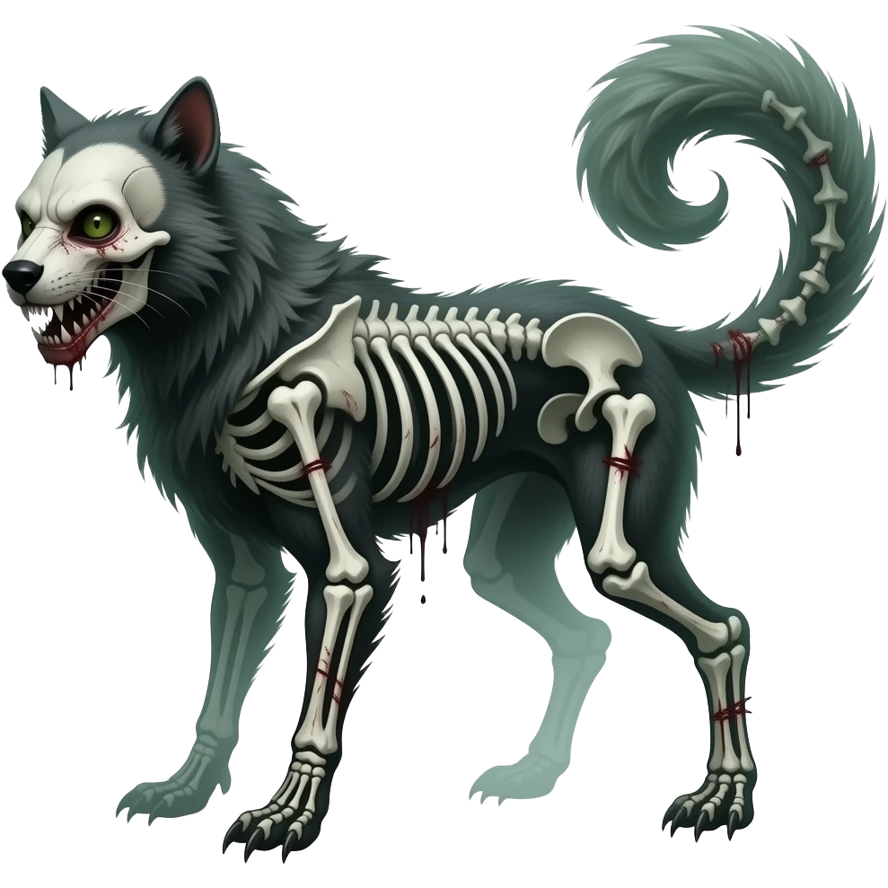Bloody gory spectral spooky dark bleak blackish swampy white-skeletal gloomy ghostly dark greyish dark-deep-greenish foggy eldritch beautiful realistic edgy fantasy ghoul-like stitched vernid-sergal-fursona animal creature with a tufted tail full body with intricate markings emoji