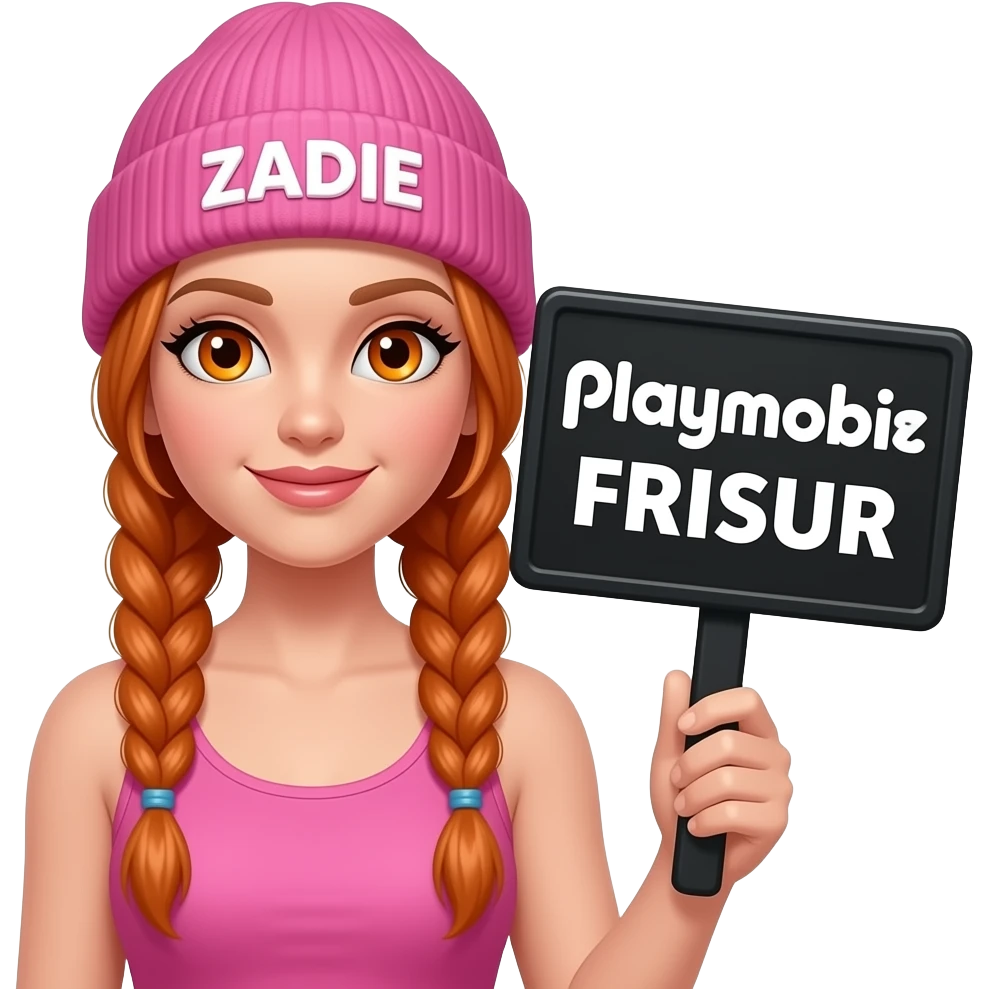 sexy girl with overlong ginger braids and ginger eyes wearing a pink tanktop and a pink beanie with ZADIE written on it, is holding a black sign with Playmobil FRISUR on it emoji