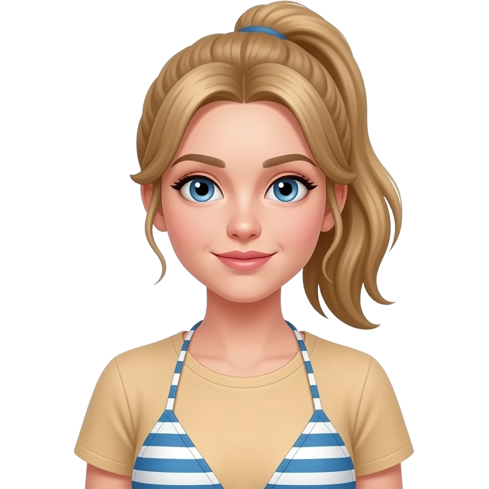 a girl who has  with a pony tai ,no brown spots , dirty blonde  brown hair , blue eyes , short, and a belly shirt emoji