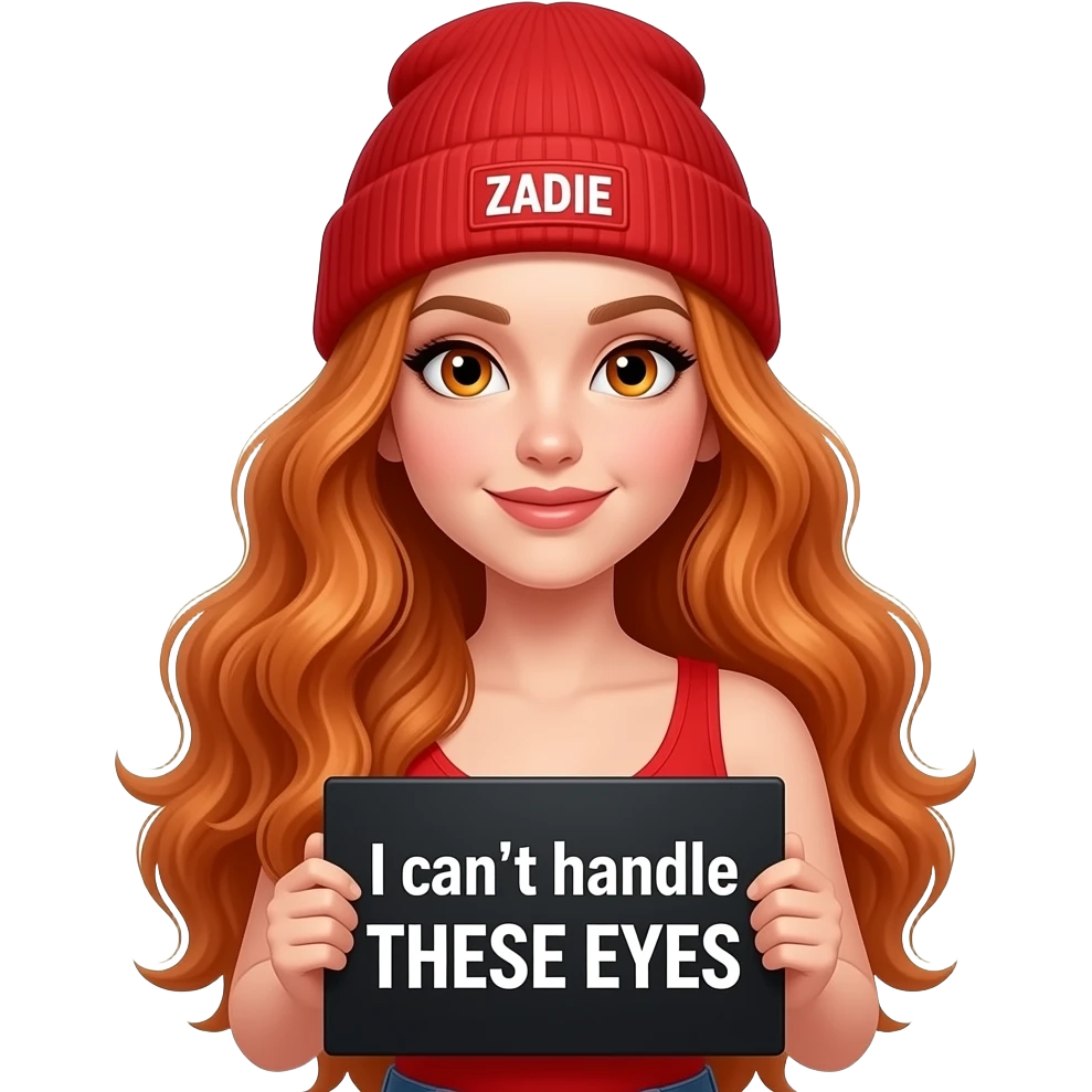 sexy girl with overlong wavy ginger hair and ginger eyes wearing a red tanktop and a red beanie with ZADIE written on it, is holding a black sign with I can't handle THESE EYES written on it emoji