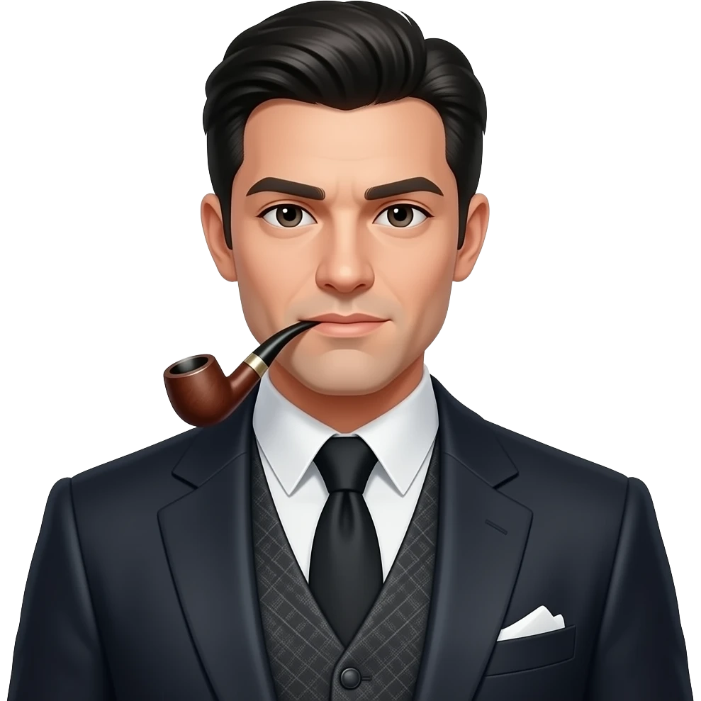 Dark hair, sophisticated waistcoat and suit smoking a pipe emoji