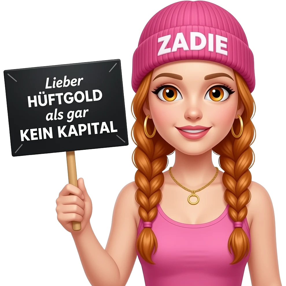 sexy girl with overlong ginger braids and ginger eyes wearing a pink tanktop and a pink beanie with ZADIE written on it, is holding a black sign with Lieber HÜFTGOLD als gar KEIN KAPITAL written on it emoji