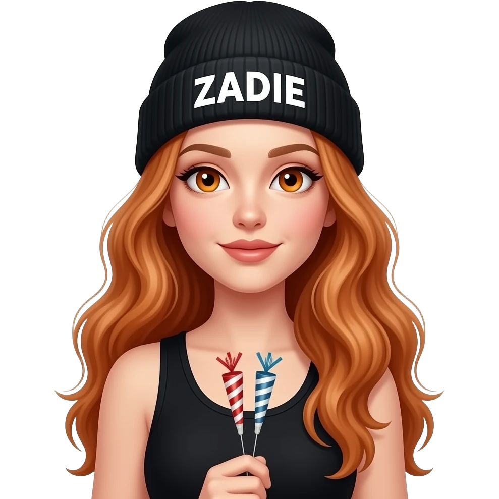 sexy girl with overlong wavy ginger hair and ginger eyes wearing a black tanktop and a black beanie with ZADIE written on it, is holding a black sign with 🥳🥳🥳 on it emoji