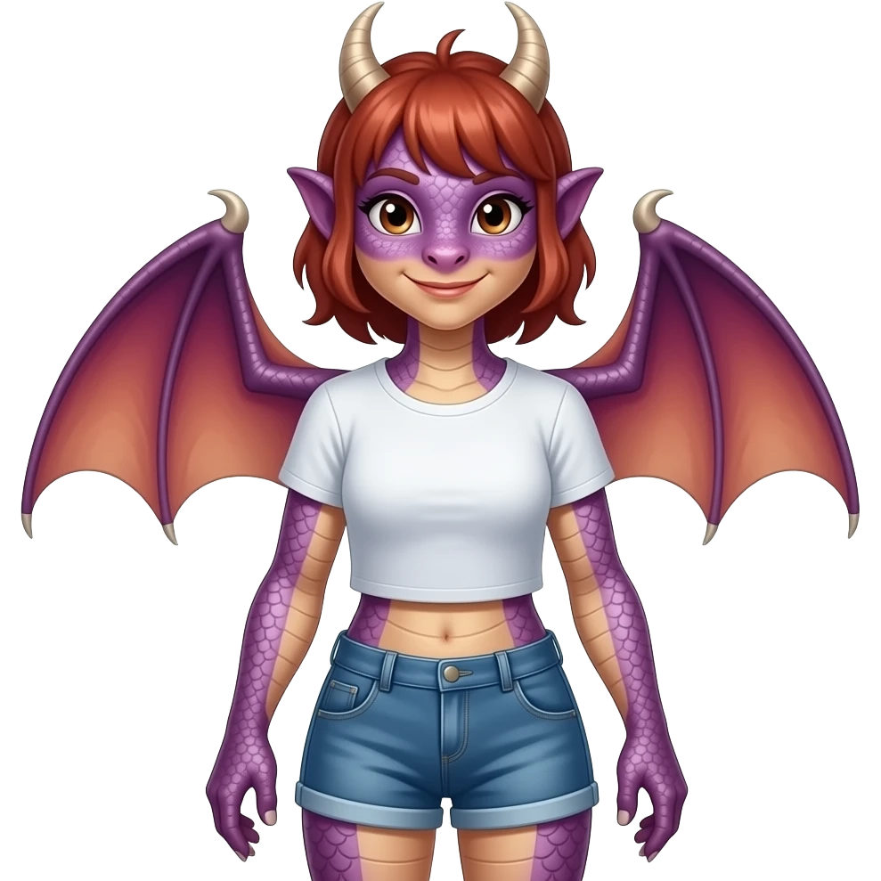 A humanoid female dragon wearing a tee shirt and shorts emoji