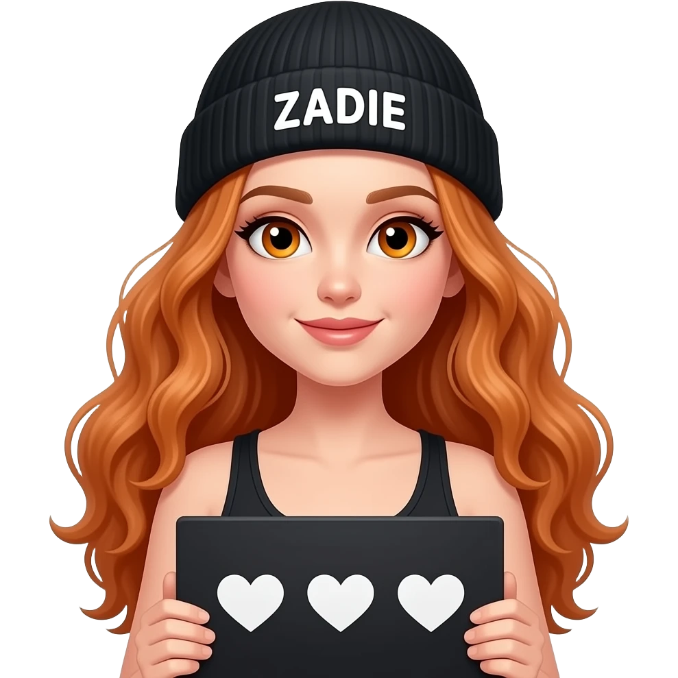 sexy girl with overlong wavy ginger hair and ginger eyes wearing a black tanktop and a black beanie with ZADIE written on it, is holding a black sign with 💟💟💟 on it emoji