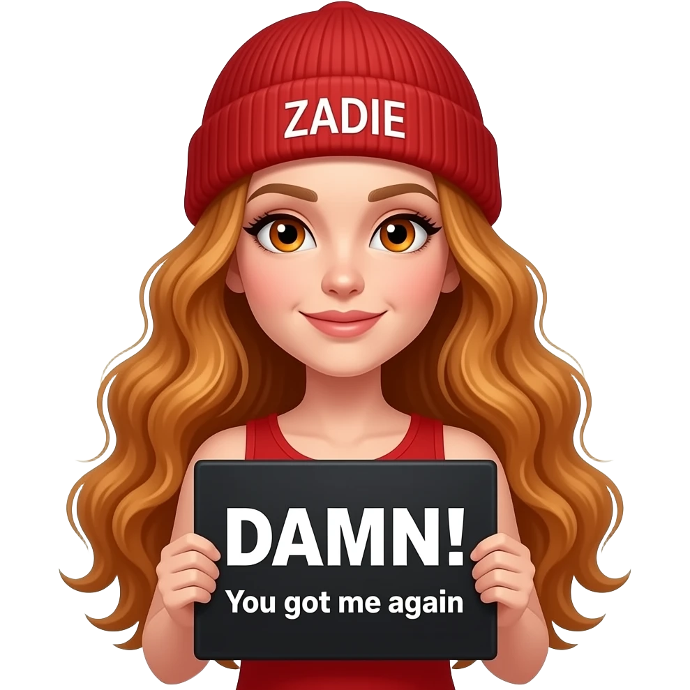 sexy girl with overlong wavy ginger hair and ginger eyes wearing a red tanktop and a red beanie with ZADIE written on it, is holding a black sign with DAMN! You got me again written on it emoji