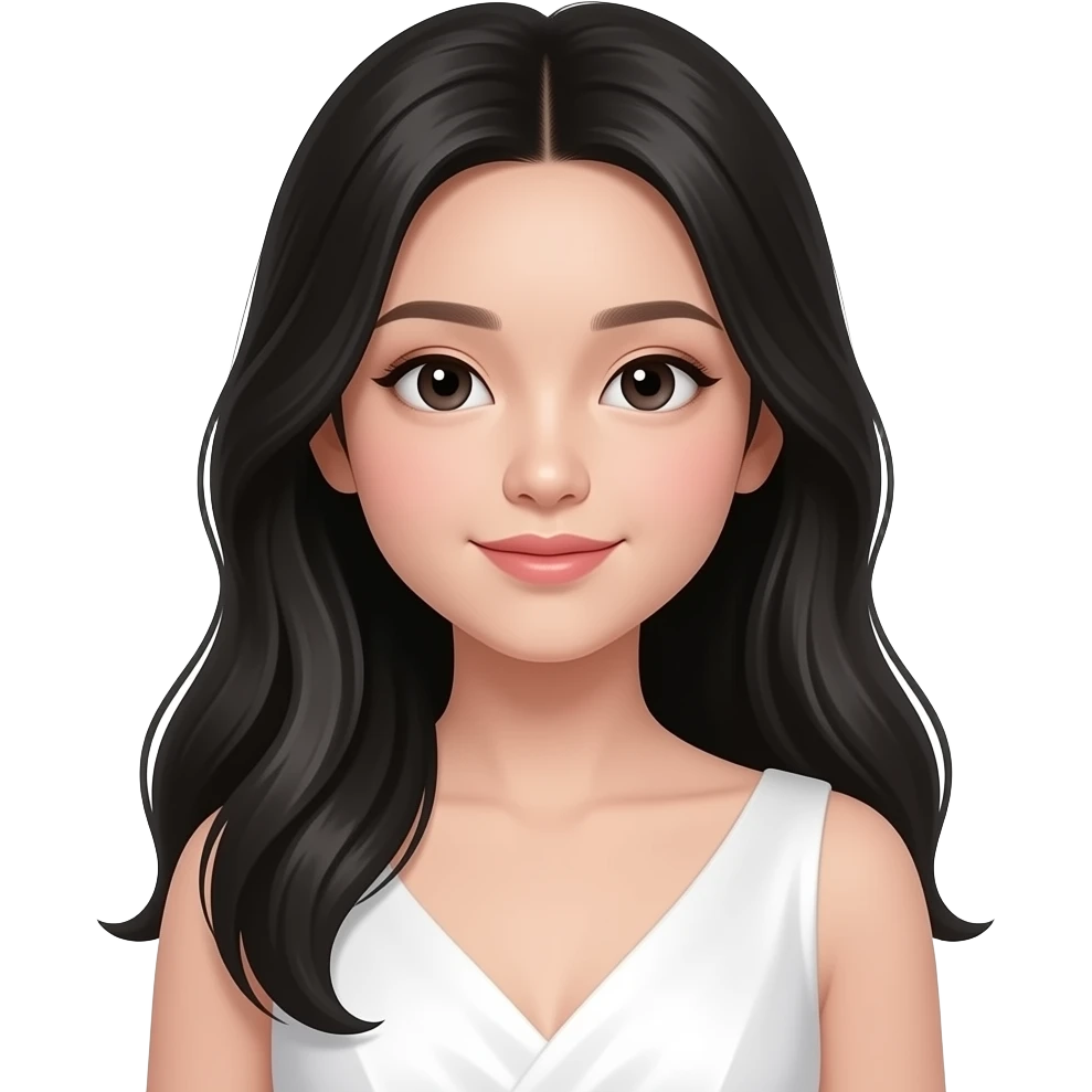 A Chinese 11 year old girl born in 30/07/2014 July in a white prom dress long black hair, make up emoji
