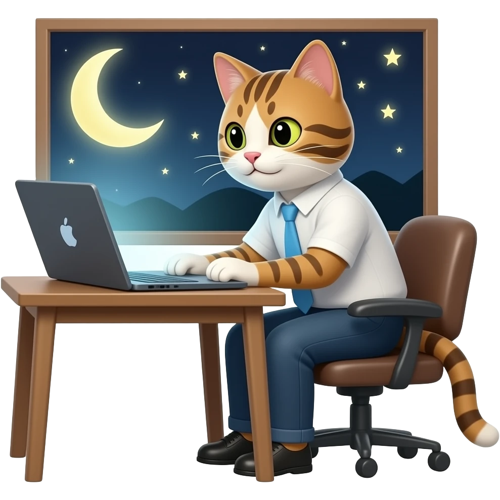 Кот работает за ноутбуком ночью emoji