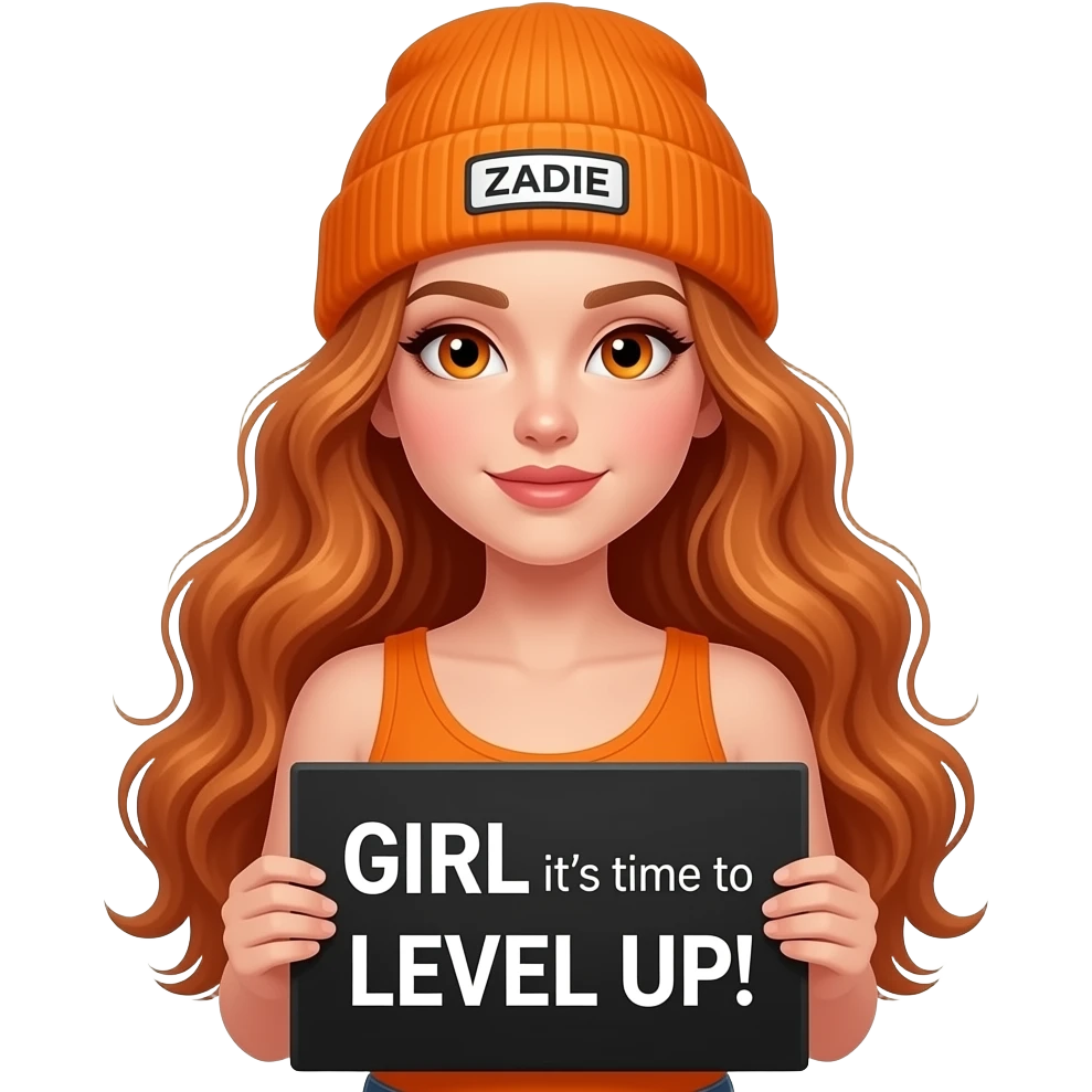 sexy girl with overlong wavy ginger hair and ginger eyes wearing a orange tanktop and a orange beanie with ZADIE written on it, is holding a black sign with GIRL it's time to LEVEL UP! written on it emoji