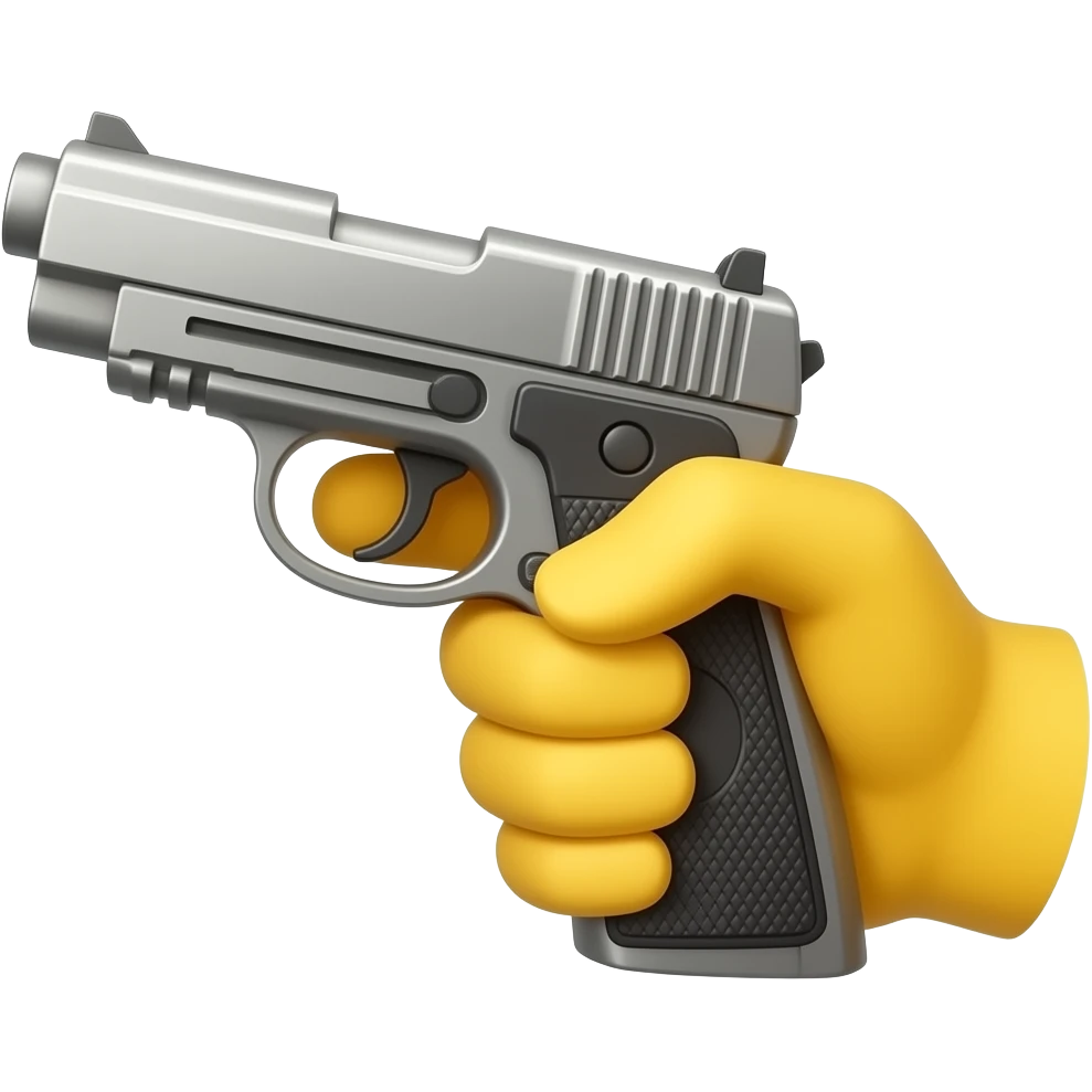 Side view of Yellow Hand holding pistol, seeing back of palm emoji