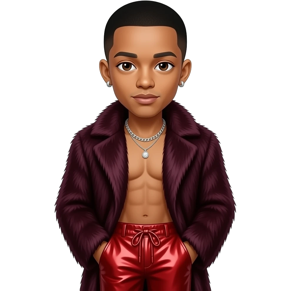 Jaden Smith with dark brown eyes, black buzz cut hair, maroon fur coat, crimson metallic baggy pants, shirtless with necklace and earrings emoji