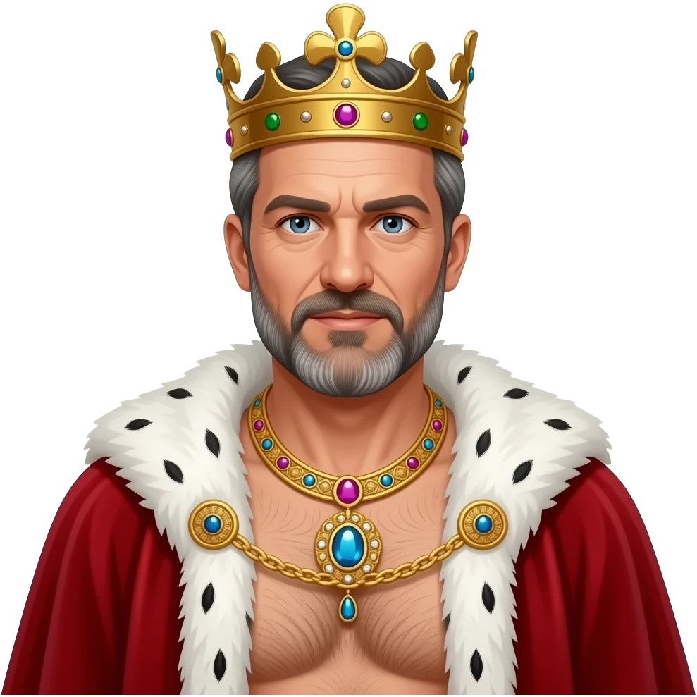 Portrait von einem König und die 40 mit leicht grauen Strähnen in den Haaren und Bart und Krone, er trägt eine prunkvolle Goldkette mit Edelsteinen um den Hals. Er hat kein Hemd an aber ein weit geöffneten roten samt Umhang mit weißen Pelz, Mann sieht seine männliche behaarter Brust und Körper. emoji