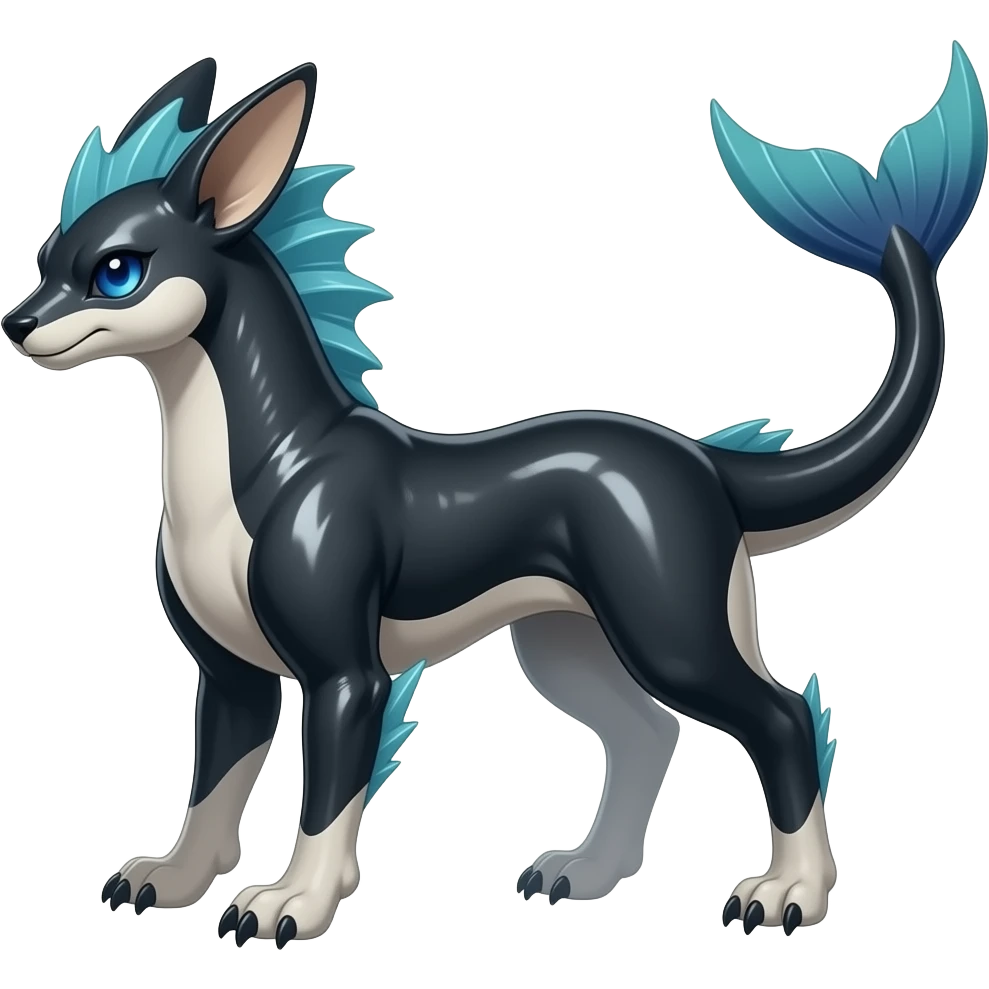 Badass Quadrupedal digitigrade shiny glossy smooth finned frilled gothic tall slim unique epic legendary shiny edgy cool cyberpunk-solarpunk-fantasy-Absol-Sprigatito-Vaporeon-Furret-Manectric-Mudkip-Fakémon-hybrid with an orca tail emoji