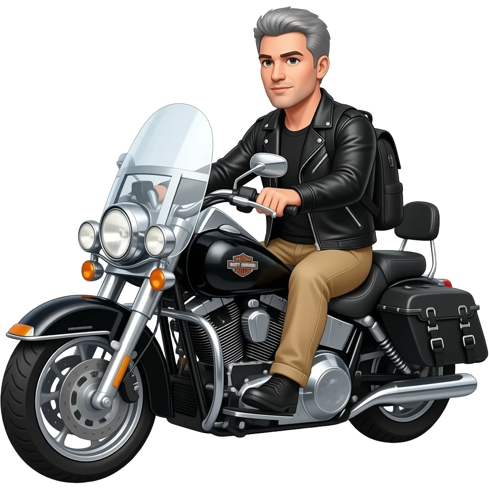 Gray and black short hair clean shaven man with no beard in black leather jacket and black shirt and tan pants and no backpack  riding on a harley with a windshield and saddlebags emoji