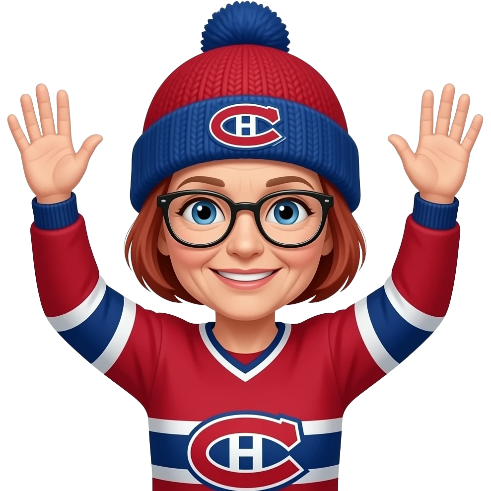 Woman montreal canadiens blue eyes 50 years old short red beiwb haie Glassew Hands up Hat emoji