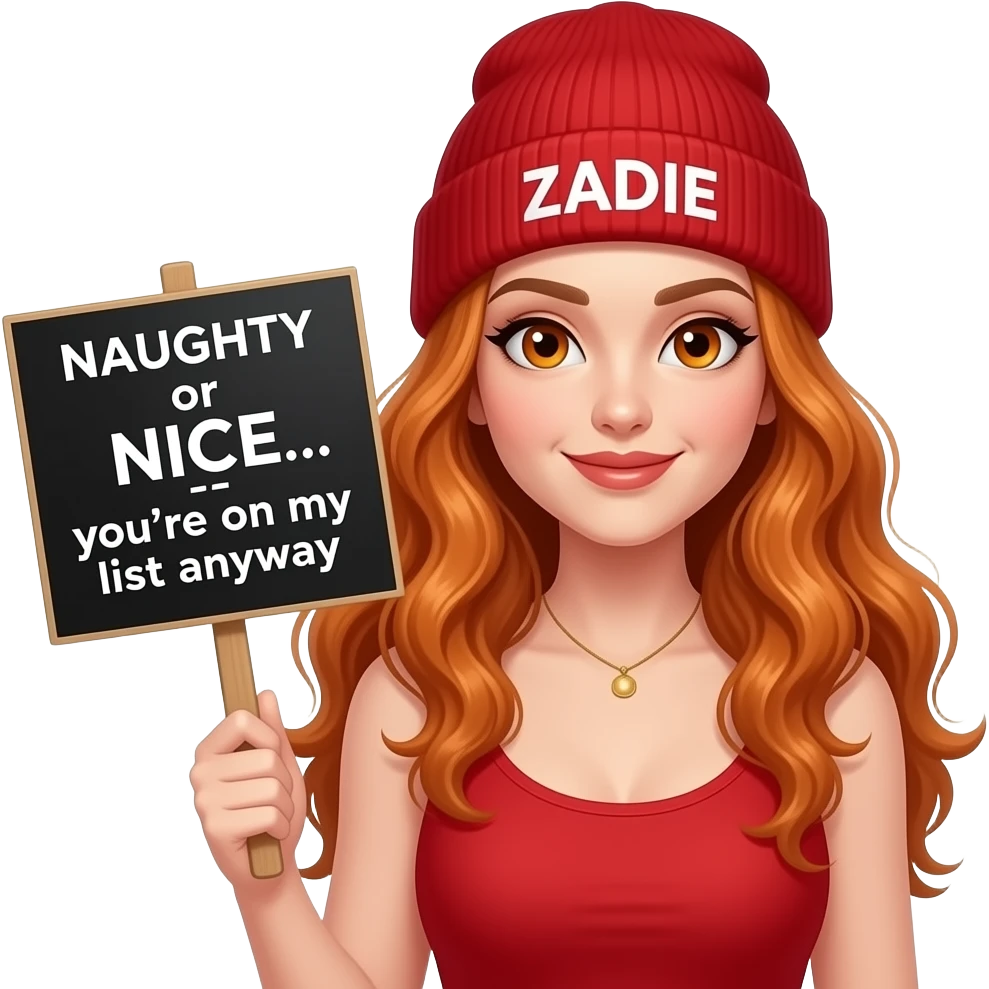 sexy girl with overlong wavy ginger hair and ginger eyes wearing a red tanktop and a red beanie with ZADIE written on it, is holding a black sign with NAUGHTY or NICE... you're on my list anywaywritten on it emoji