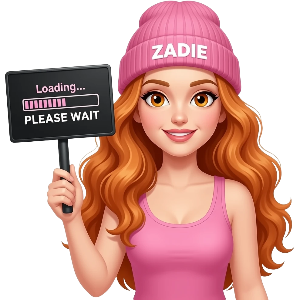 sexy girl with overlong wavy ginger hair and ginger eyes wearing a pink tanktop and a pink beanie with ZADIE written on it, is holding a black sign with Loading... PLEASE WAIT written on it emoji