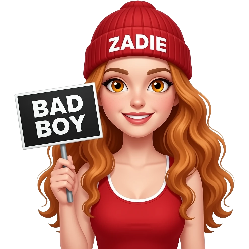 sexy girl with overlong wavy ginger hair and ginger eyes wearing a red tanktop and a red beanie with ZADIE written on it, is holding a black sign with BAD BOY written on it emoji