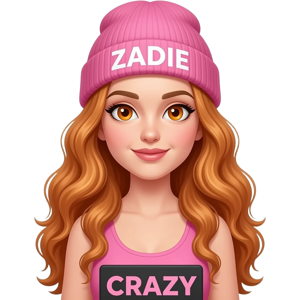 sexy girl with overlong wavy ginger hair and ginger eyes wearing a pink tanktop and a pink beanie with ZADIE written on it, is holding a black sign with CRAZY written on it emoji