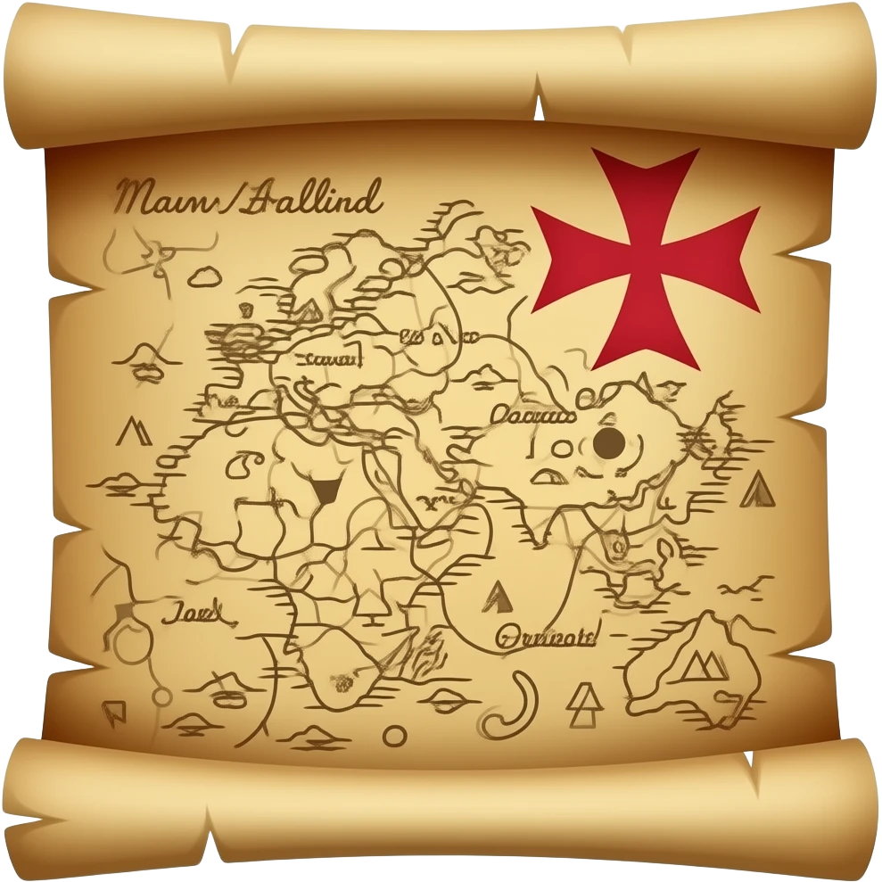 A treasure map, highly detailed,  a red maltese cross marks the location of the treasure, old parchment, slightly scrolled ends emoji