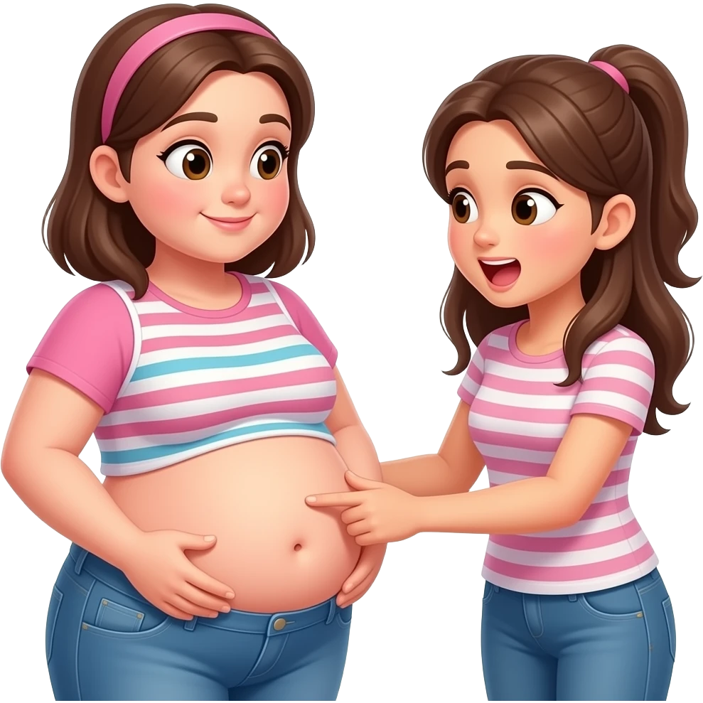 A meeting with to girls,After a great long lunch,one girl is full & fat,her bellybutton peeking out,her big belly is getting noticed,so other girl was impressed and eagerly touching the one overfed girl’s bloated belly. emoji