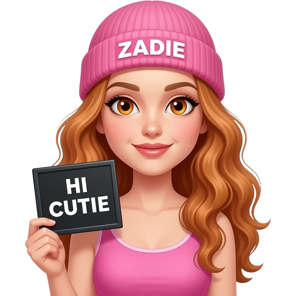 sexy girl with overlong wavy ginger hair and ginger eyes wearing a pink tanktop and a pink beanie with ZADIE written on it, is holding a black sign with HI CUTIE written on it emoji