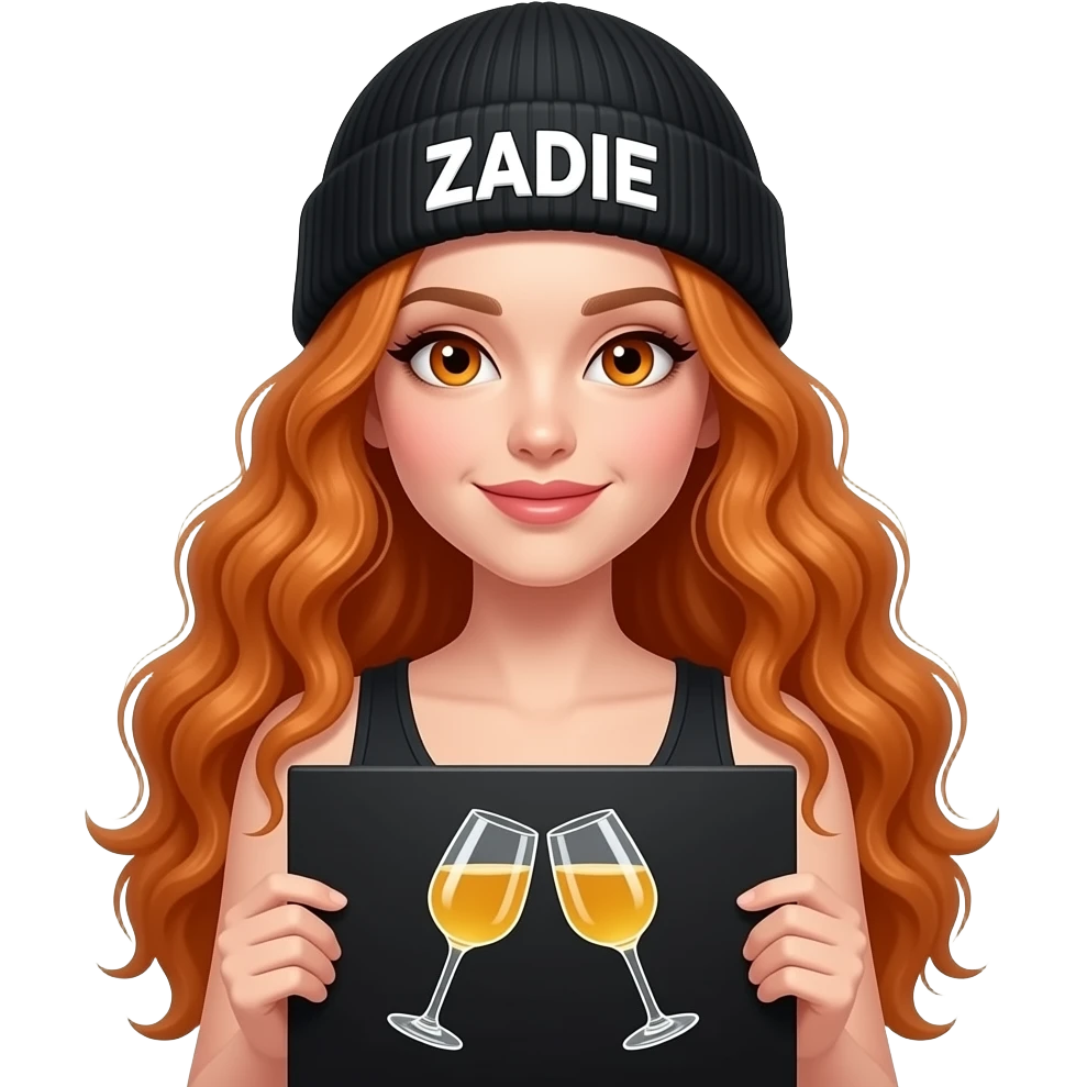sexy girl with overlong wavy ginger hair and ginger eyes wearing a black tanktop and a black beanie with ZADIE written on it, is holding a black sign with 🥂 on it emoji